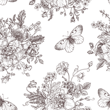 fleur dessin noir et blanc Seamless vintage pattern avec bouquet de fleurs noires sur fond